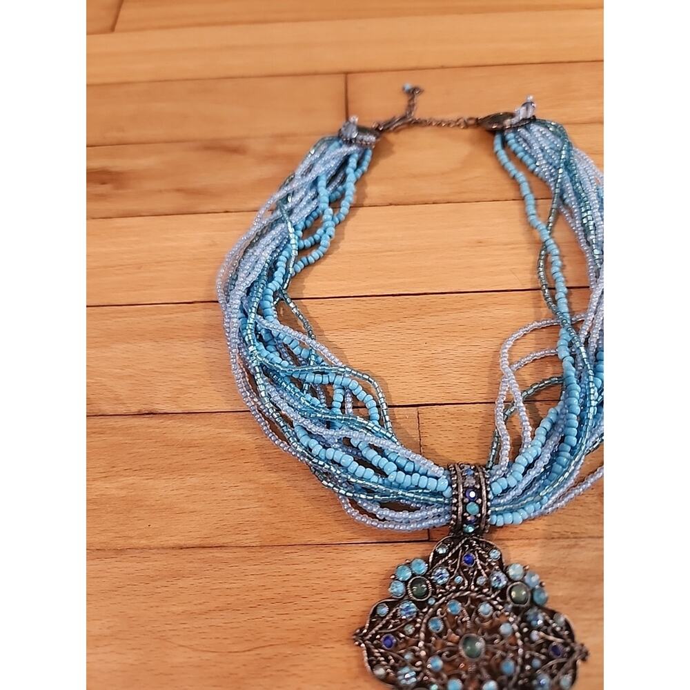 Vintage Collar Necklace Turquoise Bead Choker Y2K Teal Large Rhinestone Pendant - Picture 3 of 5